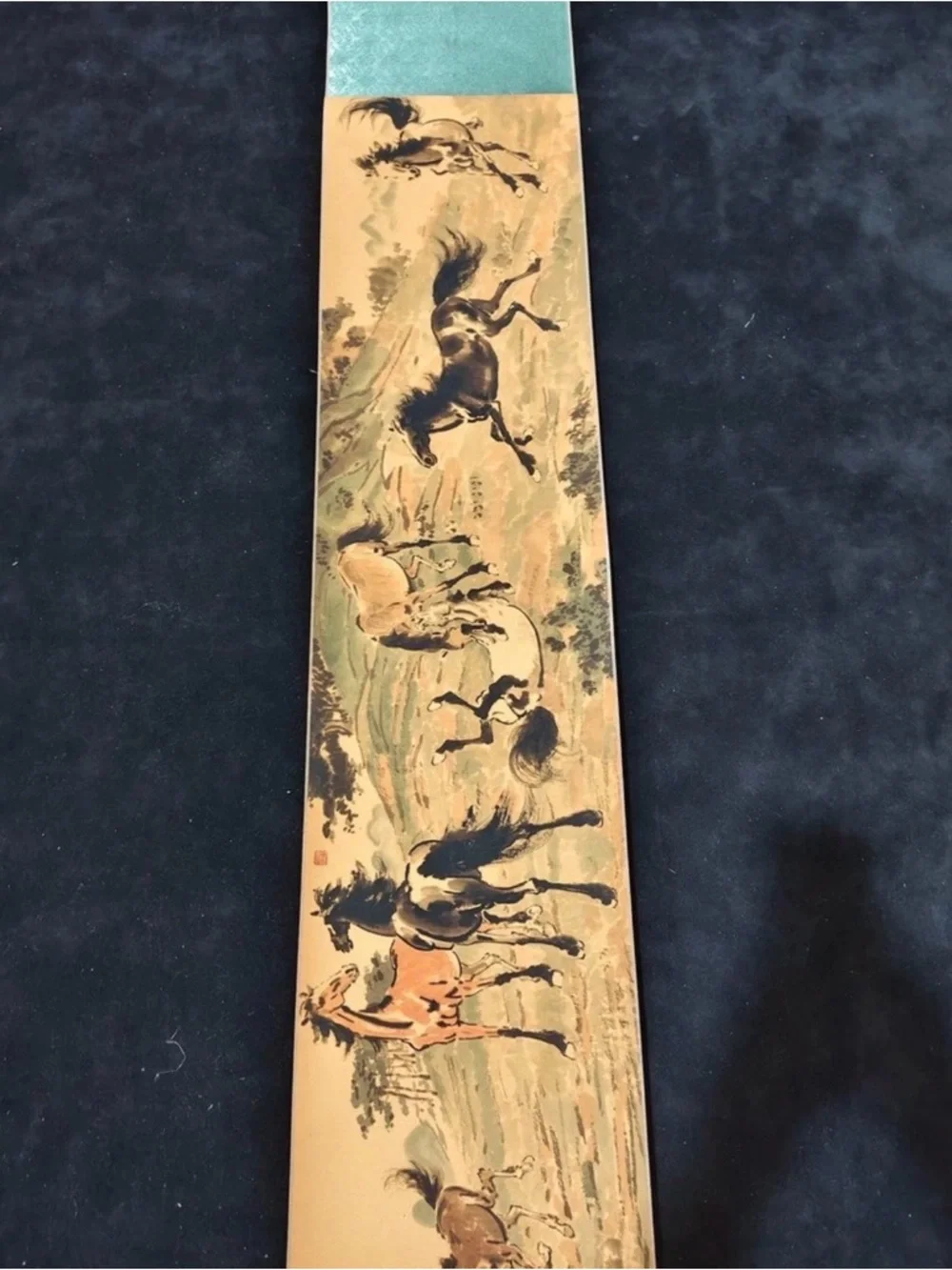 Traditional Horse Scroll Wall Art in Tan and Blue-Green by
